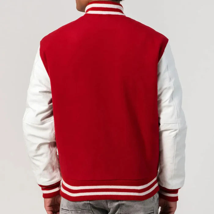 Red Wool Body & White Leather Sleeves Zipper Varsity Jacket