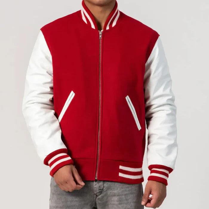 Red Wool Body & White Leather Sleeves Zipper Varsity Jacket