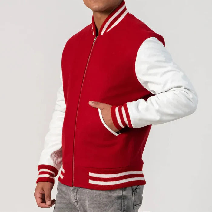 Red Wool Body & White Leather Sleeves Zipper Varsity Jacket