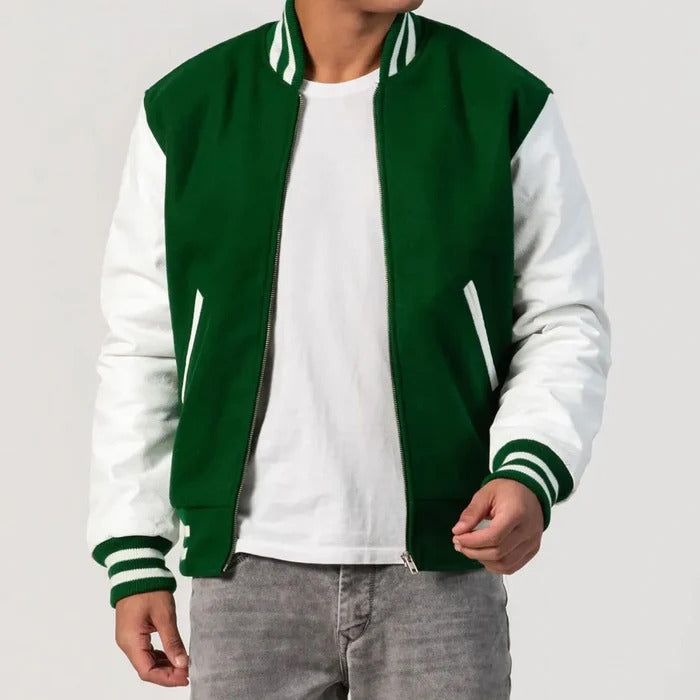 Green Wool Body & White Leather Sleeves Zipper Varsity Jacket