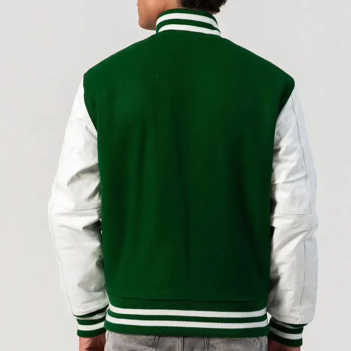 Green Wool Body & White Leather Sleeves Zipper Varsity Jacket