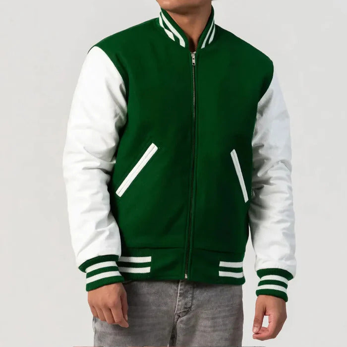 Green Wool Body & White Leather Sleeves Zipper Varsity Jacket