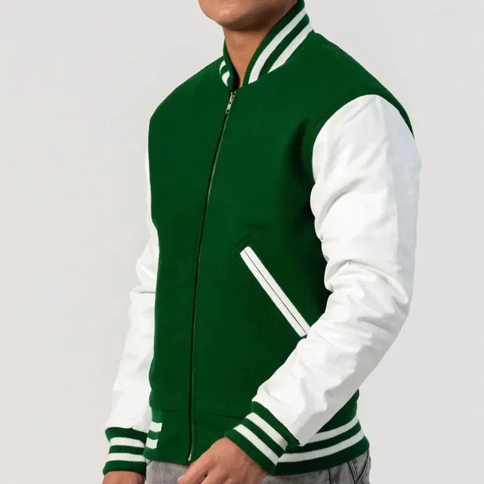 Green Wool Body & White Leather Sleeves Zipper Varsity Jacket