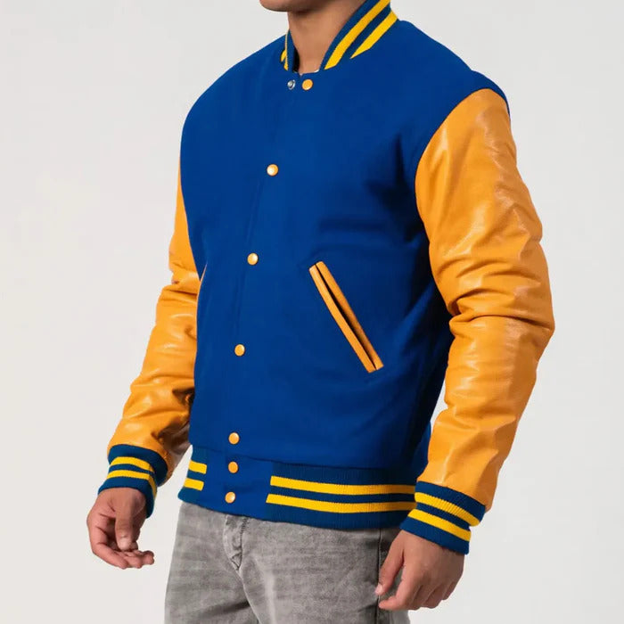 Royal Blue Body & Bright Gold Leather Sleeves Varsity Jacket