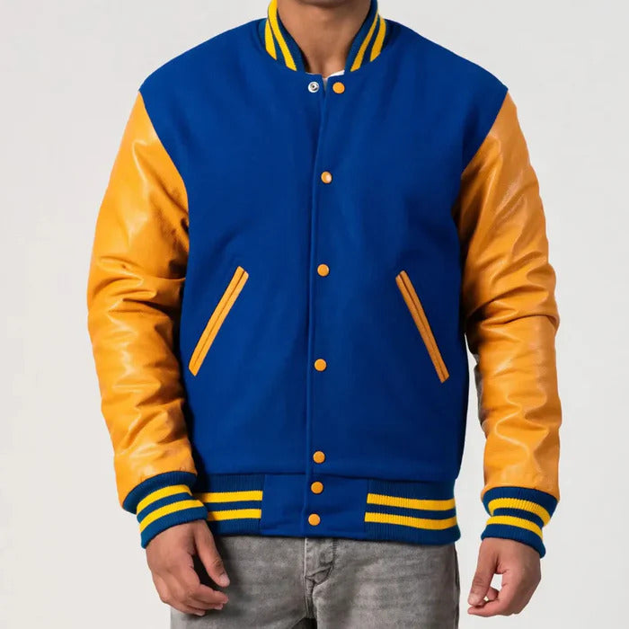 Royal Blue Body & Bright Gold Leather Sleeves Varsity Jacket