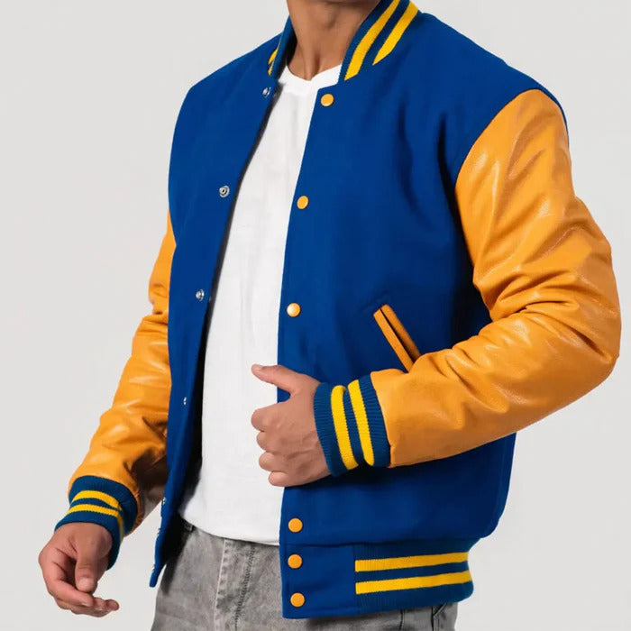 Royal Blue Body & Bright Gold Leather Sleeves Varsity Jacket