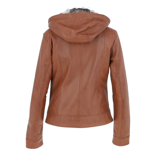 Women's Tan Two-in-One Leather Hooded Jacket