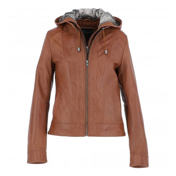 Women's Tan Two-in-One Leather Hooded Jacket