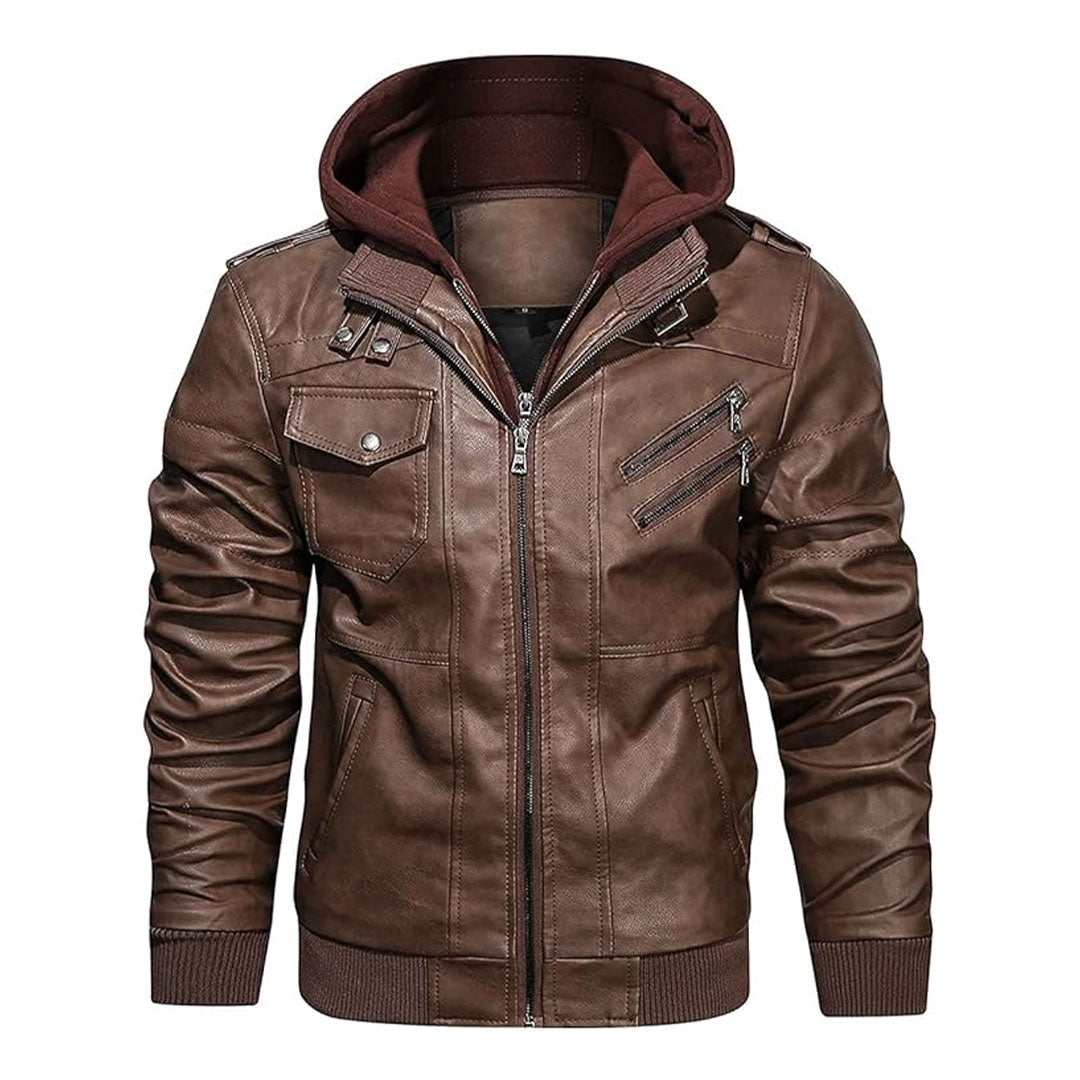 Men's Removable Hood Moto Leather Bomber Jacket