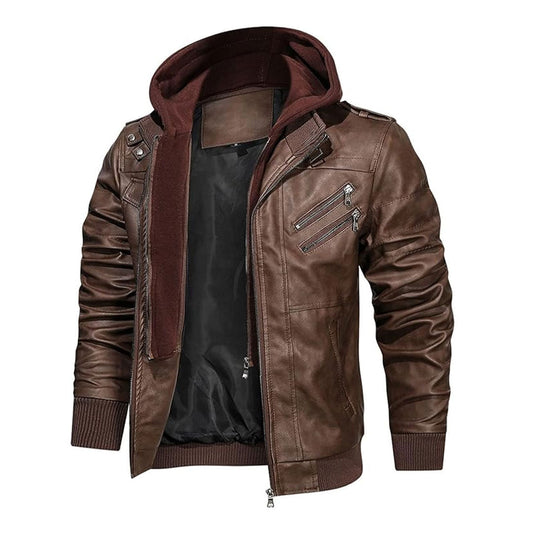 Men's Removable Hood Moto Leather Bomber Jacket