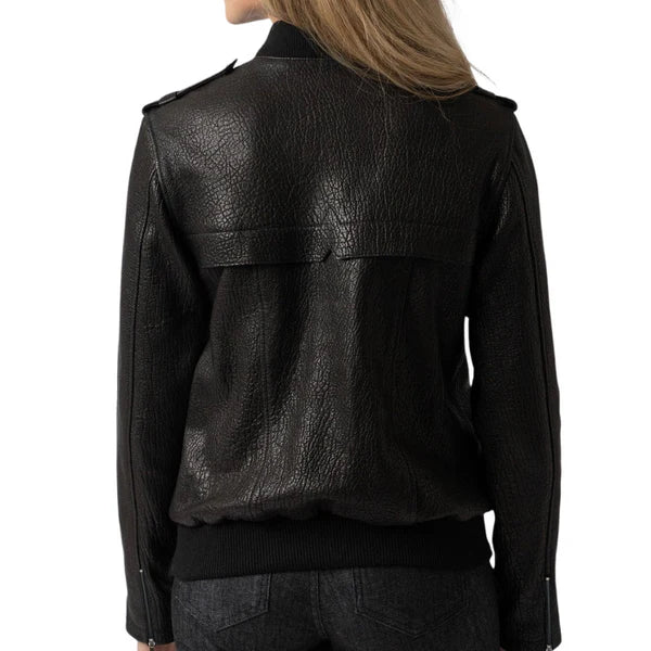 Soft Grain Black Leather Bomber Jacket