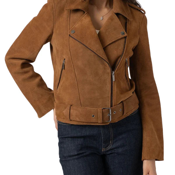 Women's Tan Suede Leather Moto Jacket