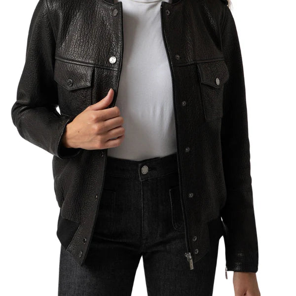 Soft Grain Black Leather Bomber Jacket