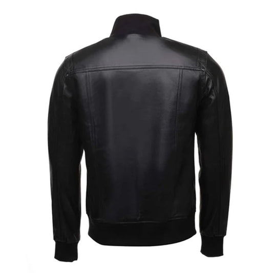 Men's Black Straight Ribbed Collar Leather Jacket