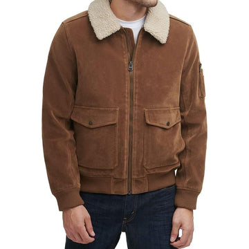 Men's Suede Leather Fur Collar Bomber Jacket