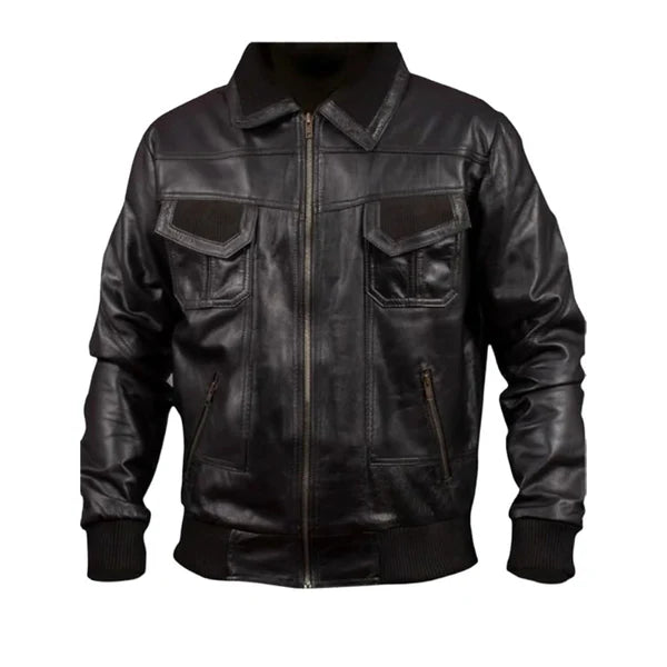 Woodring Black MA-2 Aviator Leather Bomber Jacket