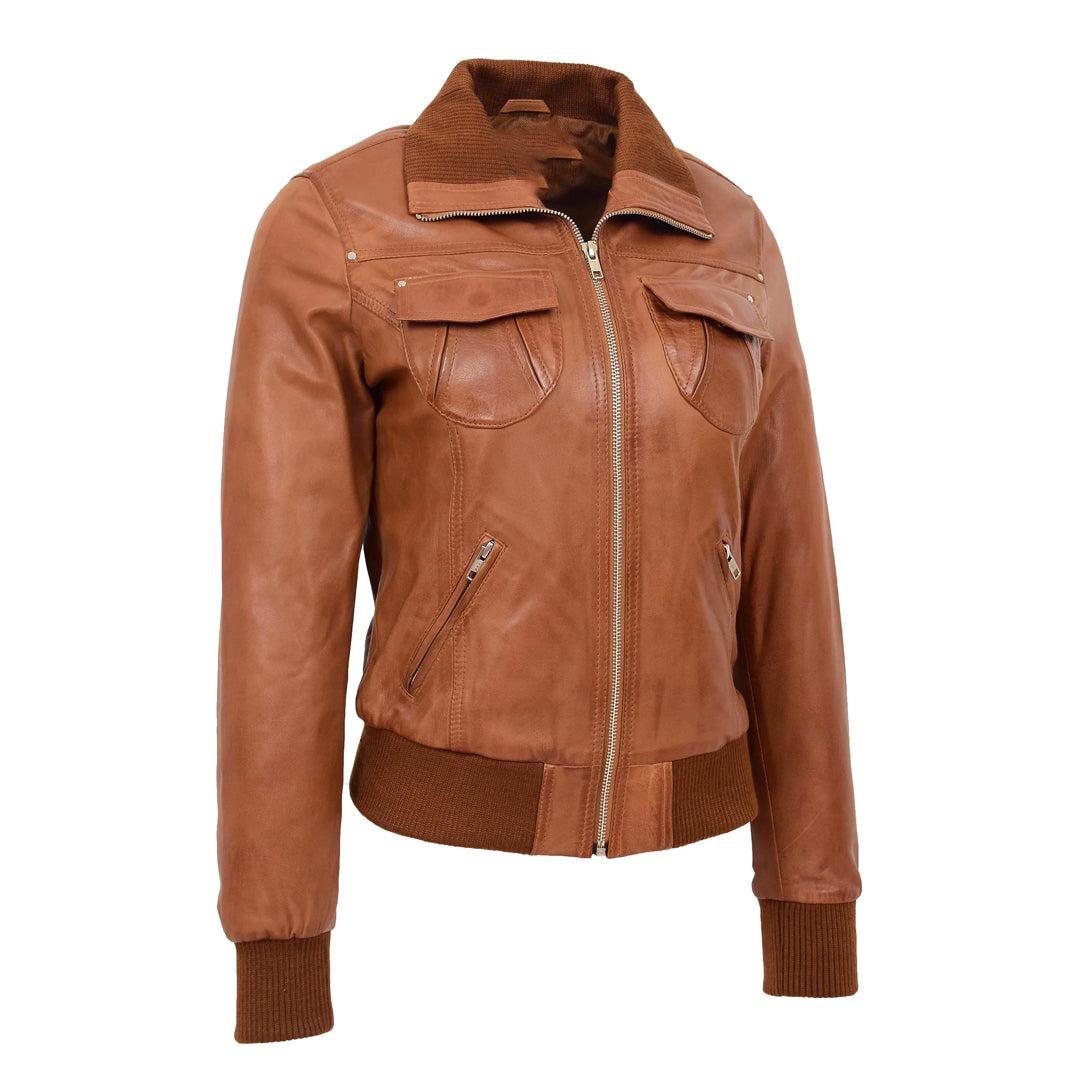 Women’s Motto Tan Classic Bomber Leather Jacket