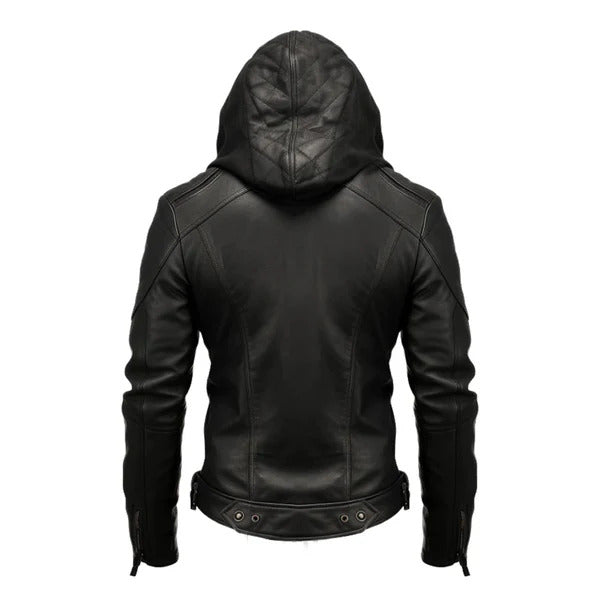 Men's Black Hooded Biker Leather Jacket