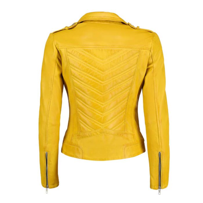 Women's Yellow Zip-Up Handwaxed Moto Leather Jacket