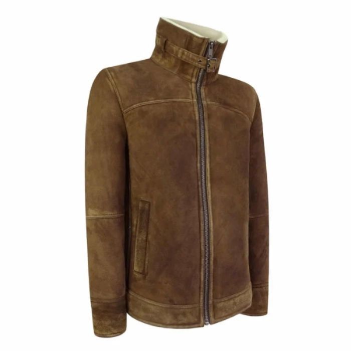 Men's Tan-Brown Shearling Suede Leather Jacket