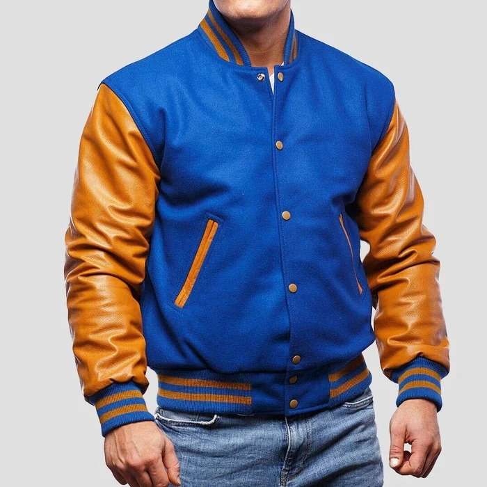 Royal Blue Wool & Old Gold Leather Sleeves Varsity Jacket