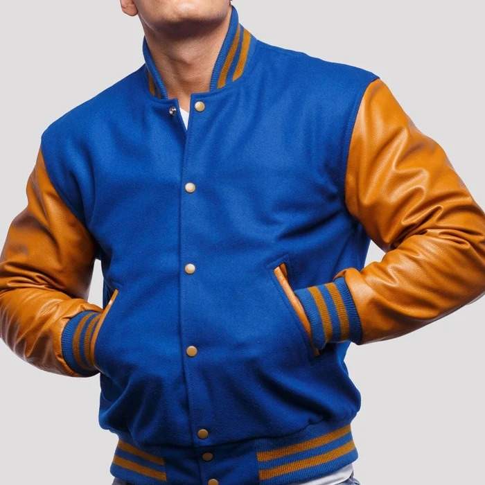 Royal Blue Wool & Old Gold Leather Sleeves Varsity Jacket