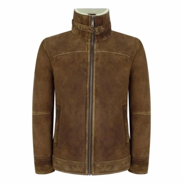 Men's Tan-Brown Shearling Suede Leather Jacket