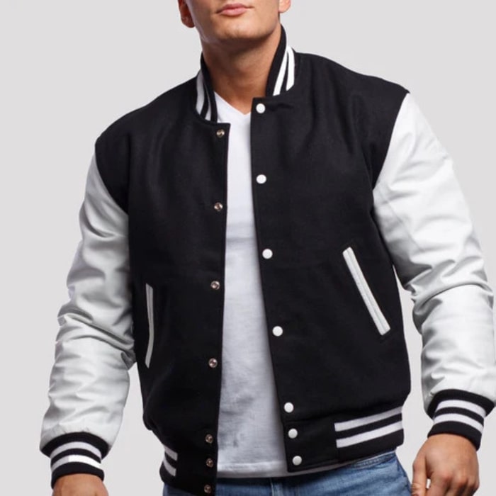 Black Wool Body & White Leather Sleeves Varsity Jacket