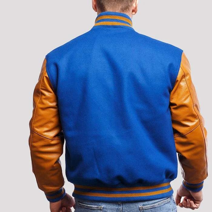 Royal Blue Wool & Old Gold Leather Sleeves Varsity Jacket