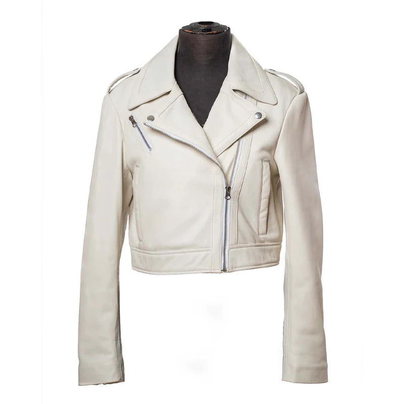 Women's Sheath Off-white Leather Crop Jacket